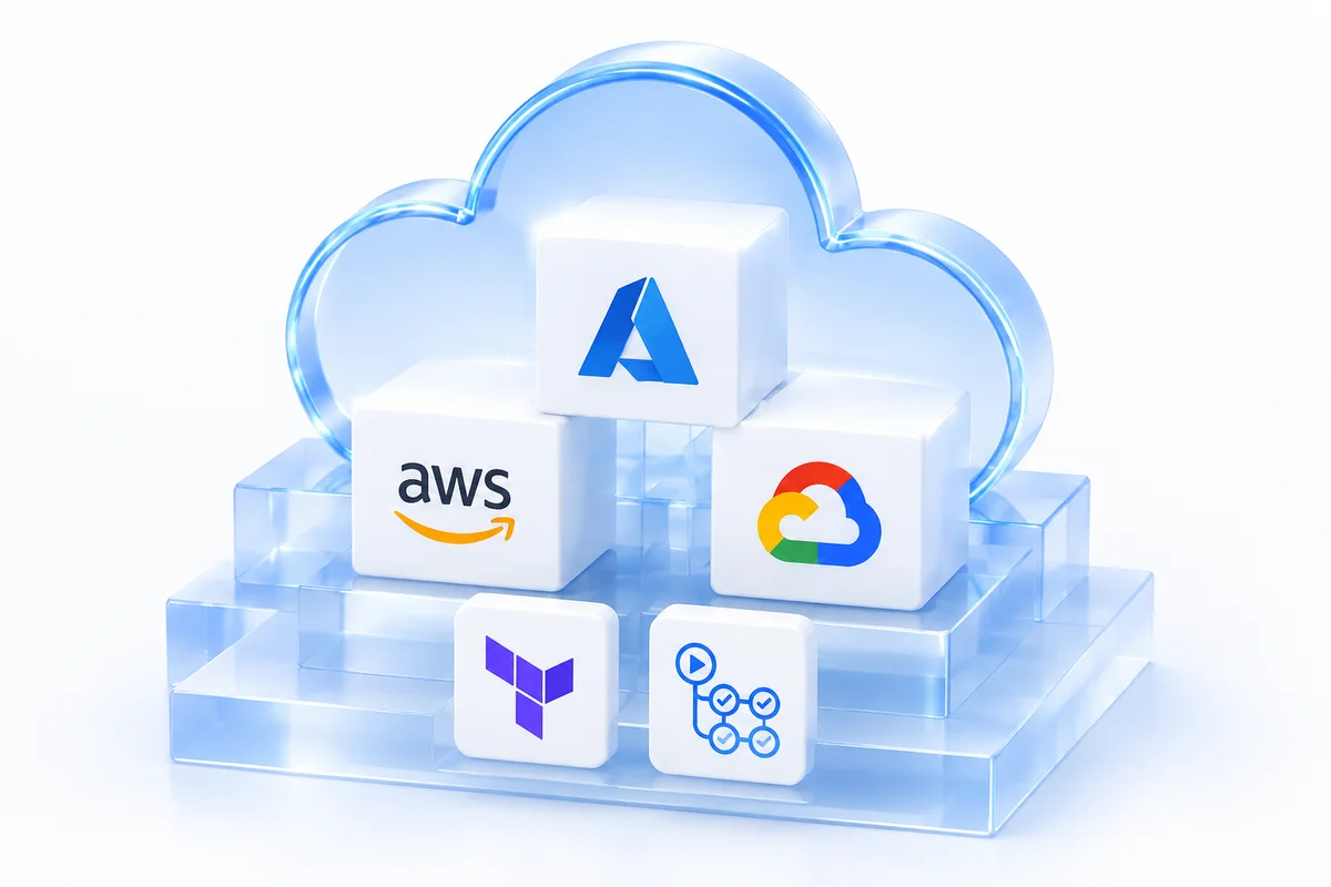 AWS, Microsoft Azure and Google Cloud on a glass cloud platform, with Terraform and GitHub Actions deployment tools.